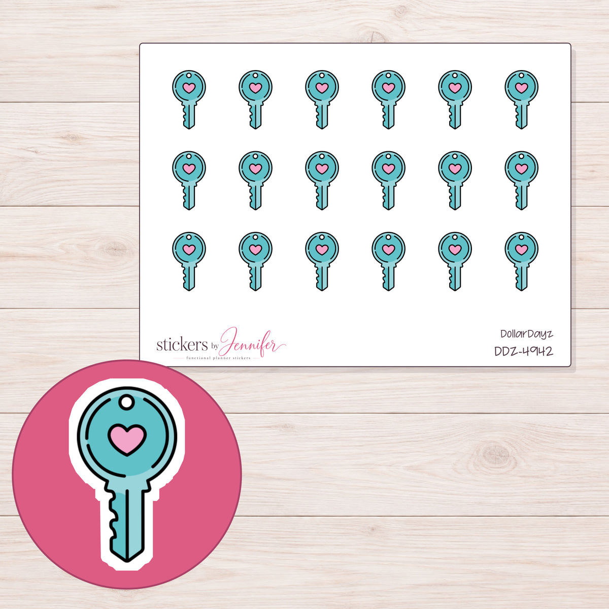 Teal Pink Heart Key Planner Stickers | DDZ-4942 — 4 × 3 inch sheet and enlarged sticker detail