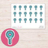 Teal Pink Heart Key Planner Stickers | DDZ-4942 — 4 × 3 inch sheet and enlarged sticker detail