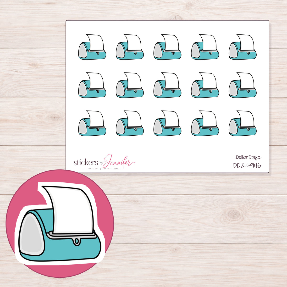 Teal Label Printer Planner Stickers | DDZ-4946 — 4 × 3 inch sheet and enlarged sticker detail