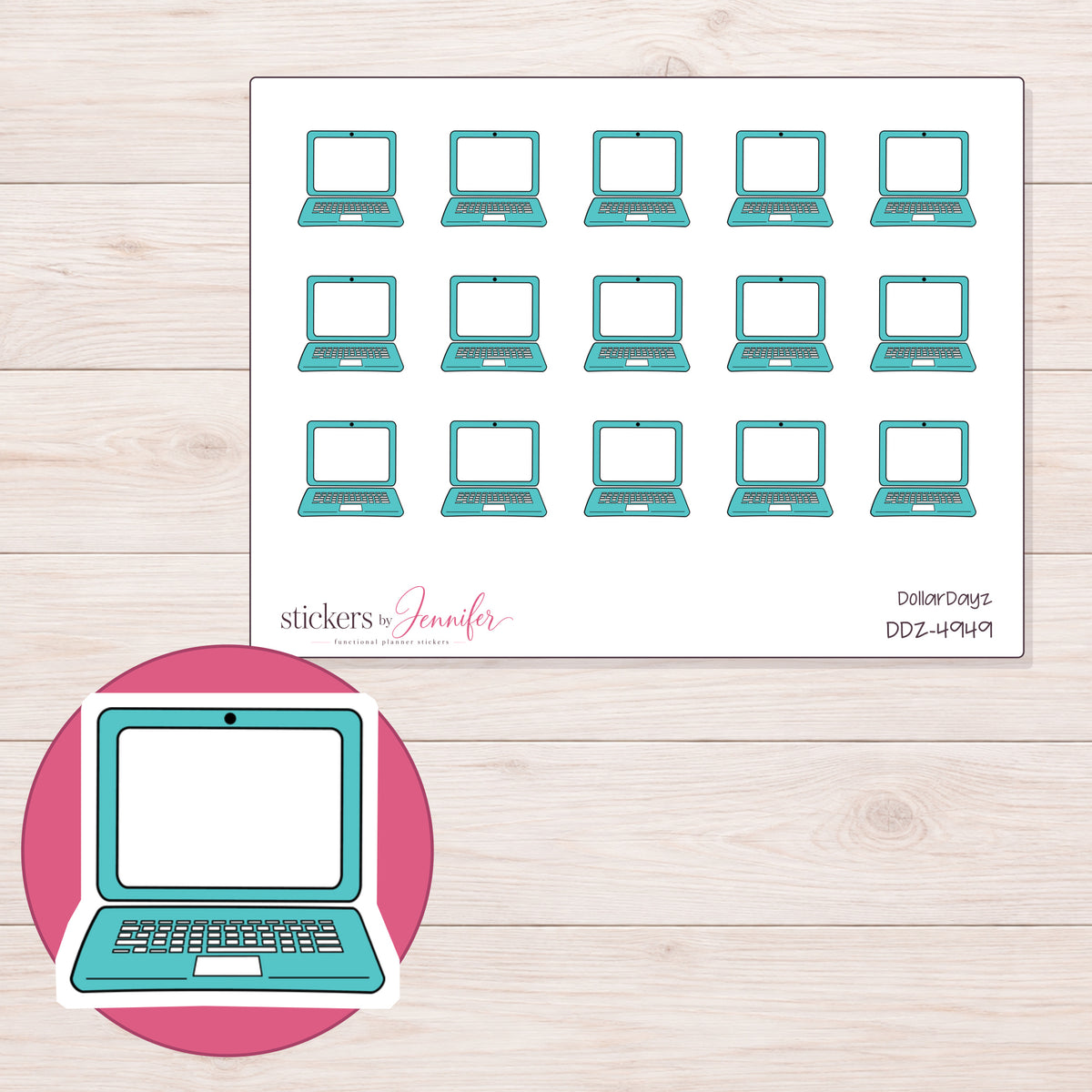 Teal Doodle Laptop Planner Stickers | DDZ-4949 — 4 × 3 inch sheet and enlarged sticker detail