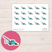 Teal Lawn Mower Planner Stickers | DDZ-4950 — 4 × 3 inch sheet and enlarged sticker detail