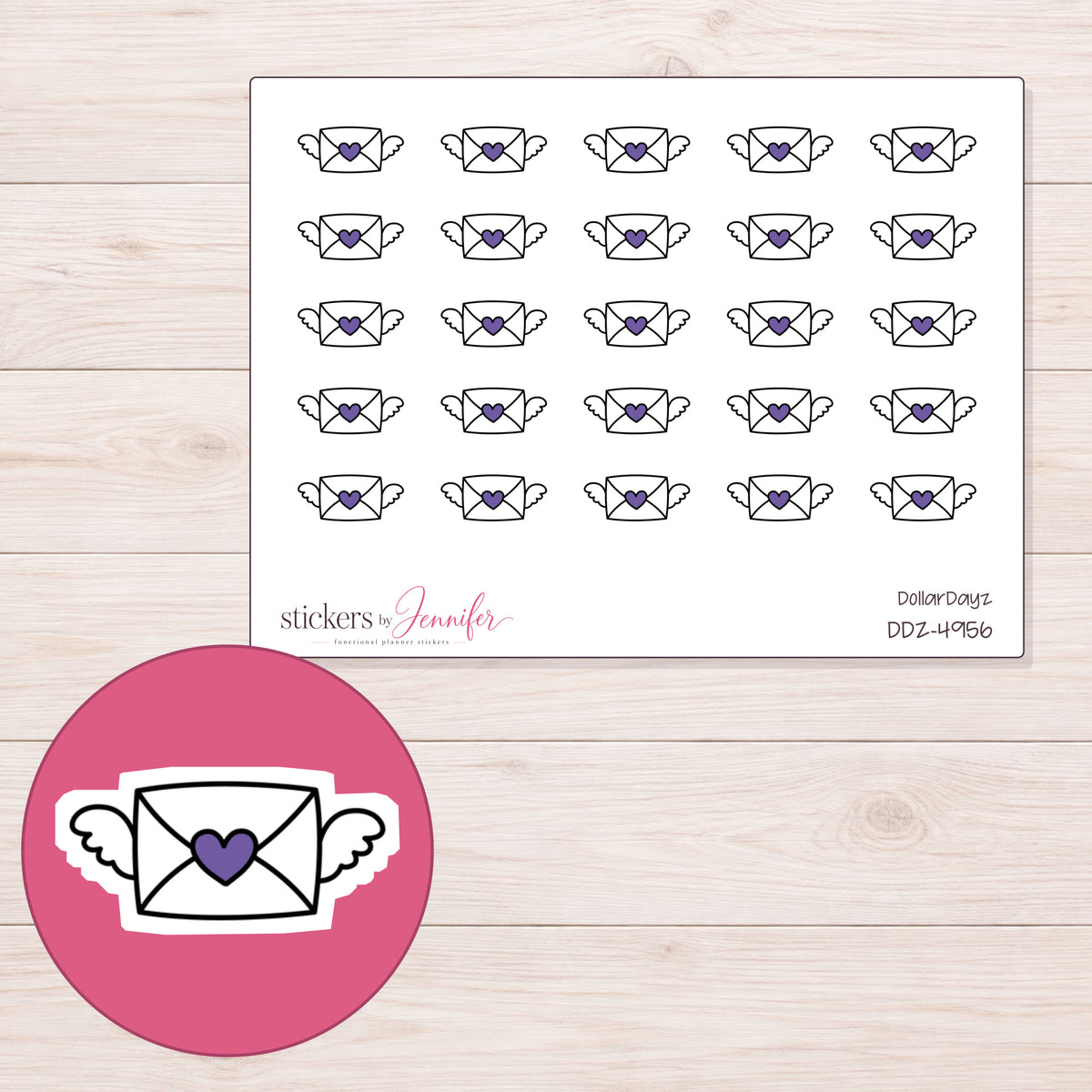 Purple Heart Winged Envelope Planner Stickers | DDZ-4956 — 4 × 3 inch sheet and enlarged sticker detail