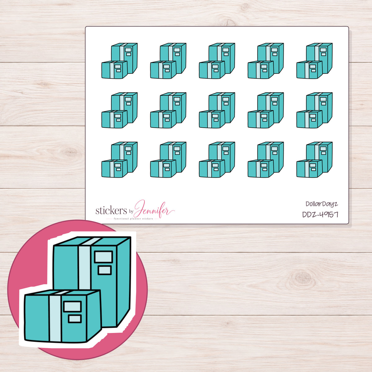 Teal Shipping Boxes Planner Stickers | DDZ-4957 — 4 × 3 inch sheet and enlarged sticker detail