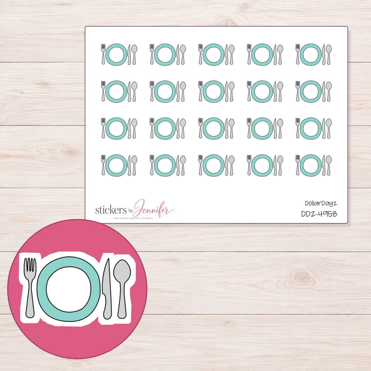 Teal Plate and Cutlery Planner Stickers | DDZ-4958 — 4 × 3 inch sheet and enlarged sticker detail