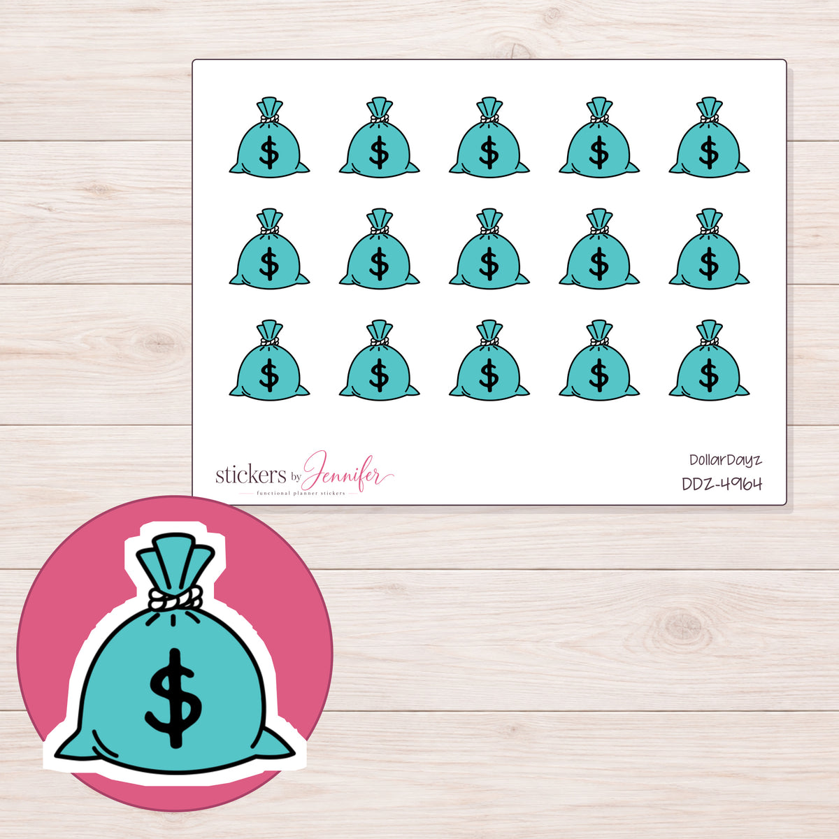 Teal Money Bag Planner Stickers | DDZ-4964 — 4 × 3 inch sheet and enlarged sticker detail