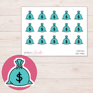 Teal Money Bag Planner Stickers | DDZ-4964 — 4 × 3 inch sheet and enlarged sticker detail