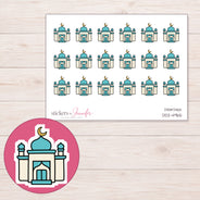 Teal Dome Mosque Planner Stickers | DDZ-4965 — 4 × 3 inch sheet and enlarged sticker detail