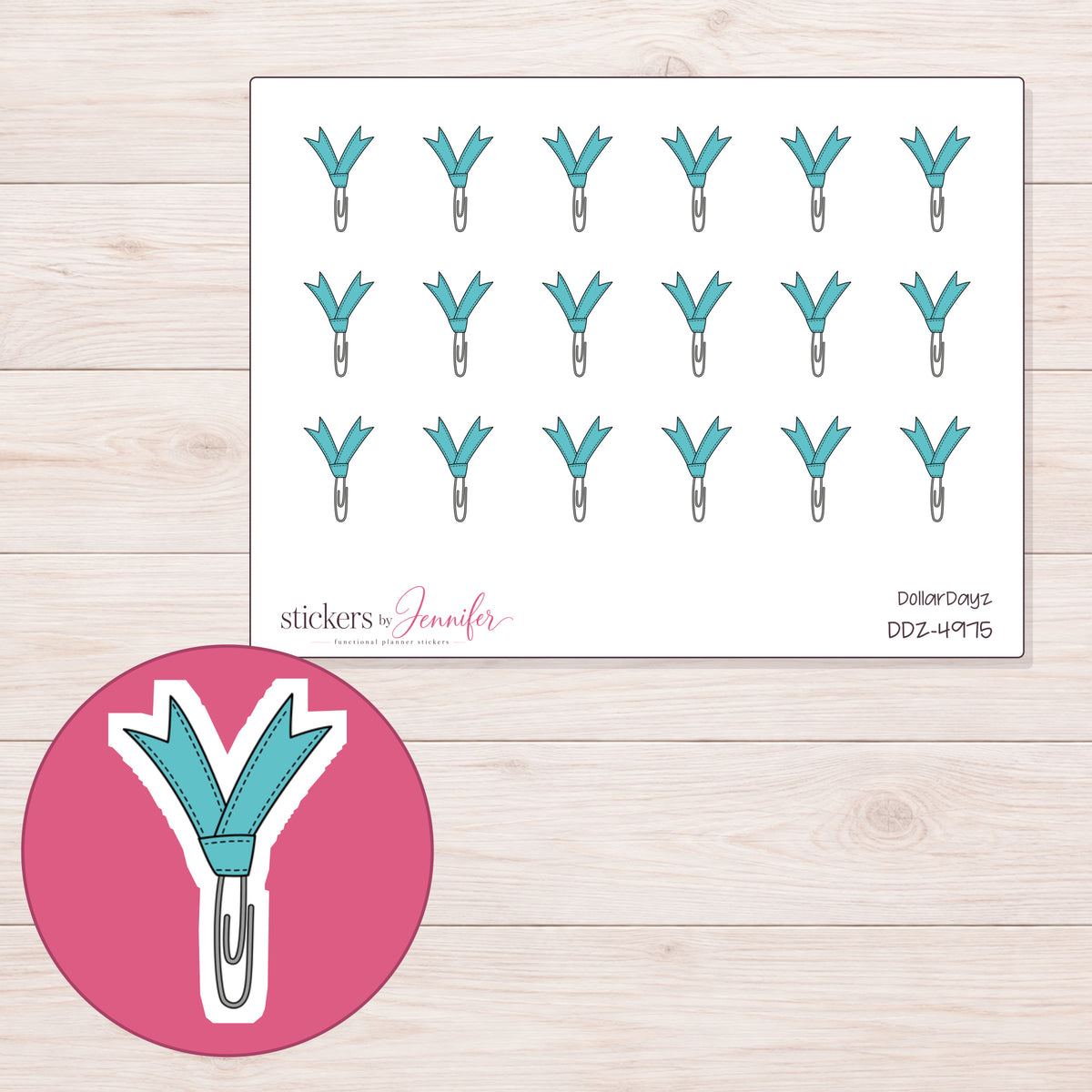 Teal Ribbon Paper Clip Planner Stickers | DDZ-4975 — 4 × 3 inch sheet and enlarged sticker detail