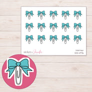 Teal Bow Paper Clip Planner Stickers | DDZ-4976 — 4 × 3 inch sheet and enlarged sticker detail