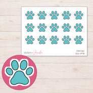 Teal Solid Paw Print Planner Stickers | DDZ-4978 — 4 × 3 inch sheet and enlarged sticker detail