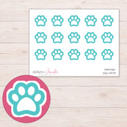 Teal Outline Paw Print Planner Stickers | DDZ-4979 — 4 × 3 inch sheet and enlarged sticker detail