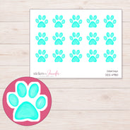 Bright Aqua Paw Print Planner Stickers | DDZ-4980 — 4 × 3 inch sheet and enlarged sticker detail