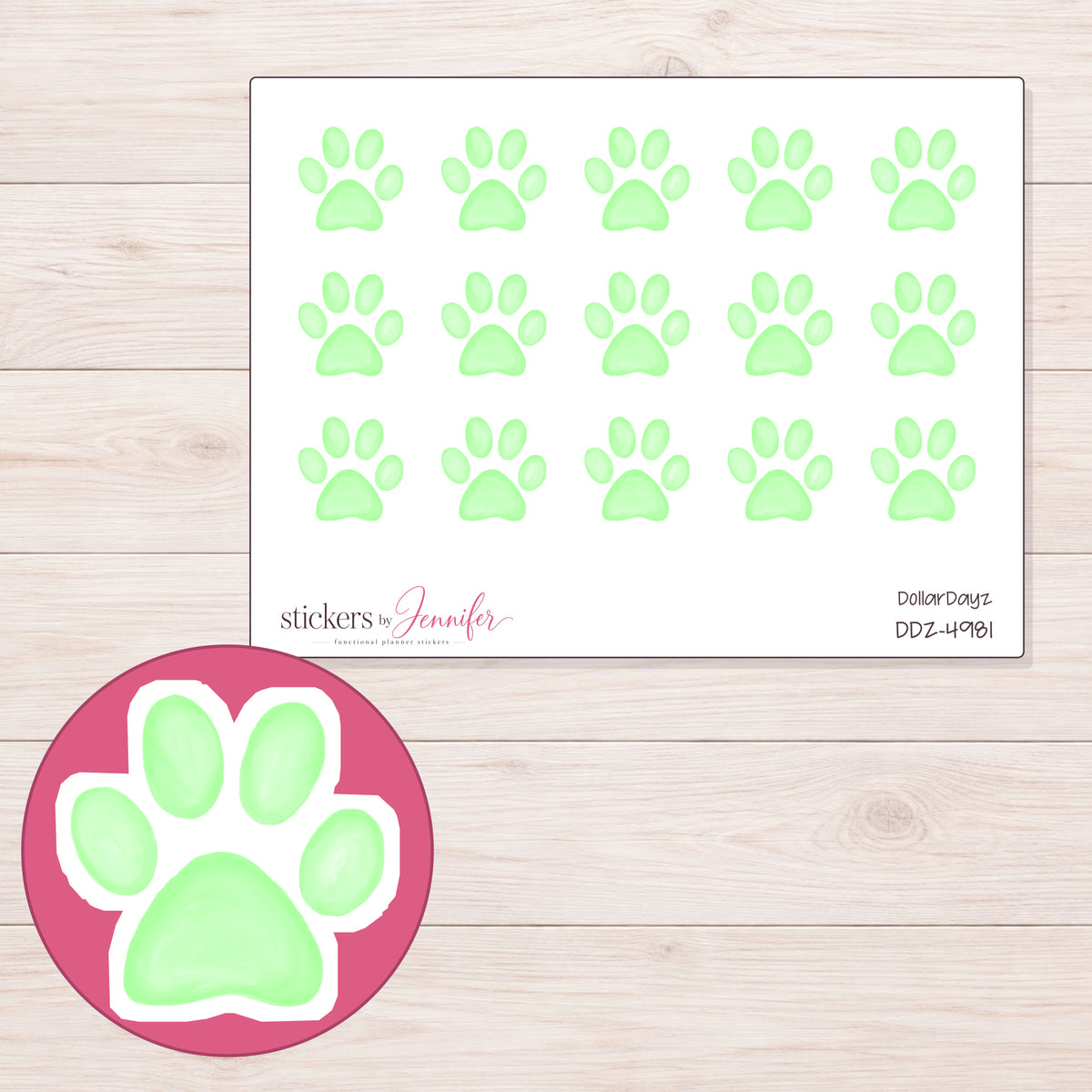 Pastel Mint Paw Print Planner Stickers | DDZ-4981 — 4 × 3 inch sheet and enlarged sticker detail