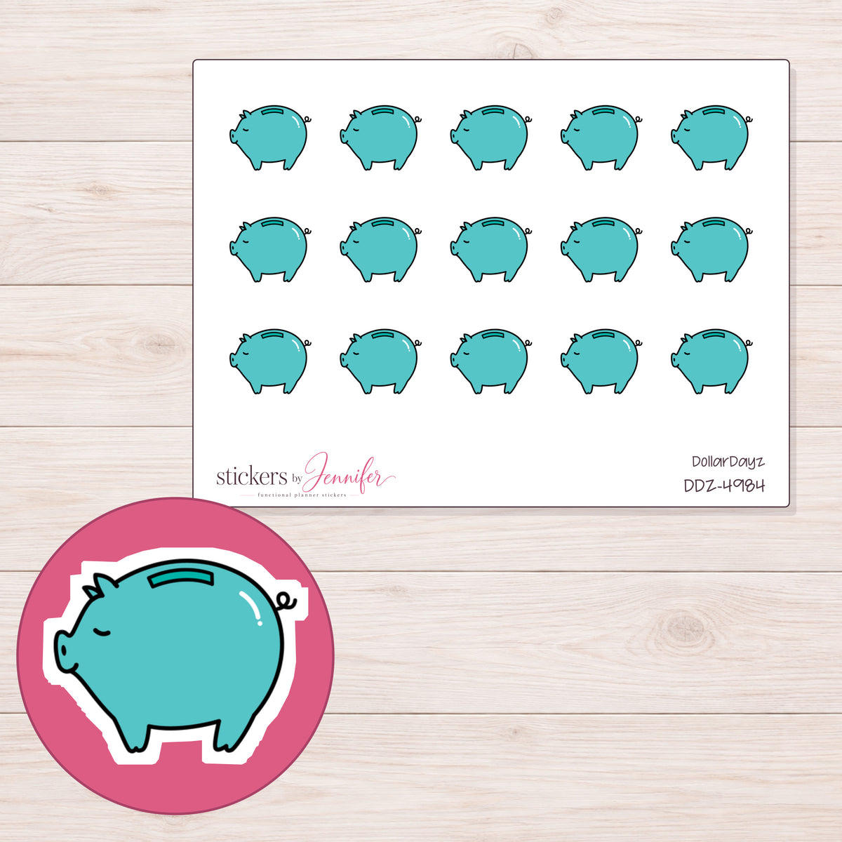 Teal Piggy Bank Planner Stickers | DDZ-4984 — 4 × 3 inch sheet and enlarged sticker detail
