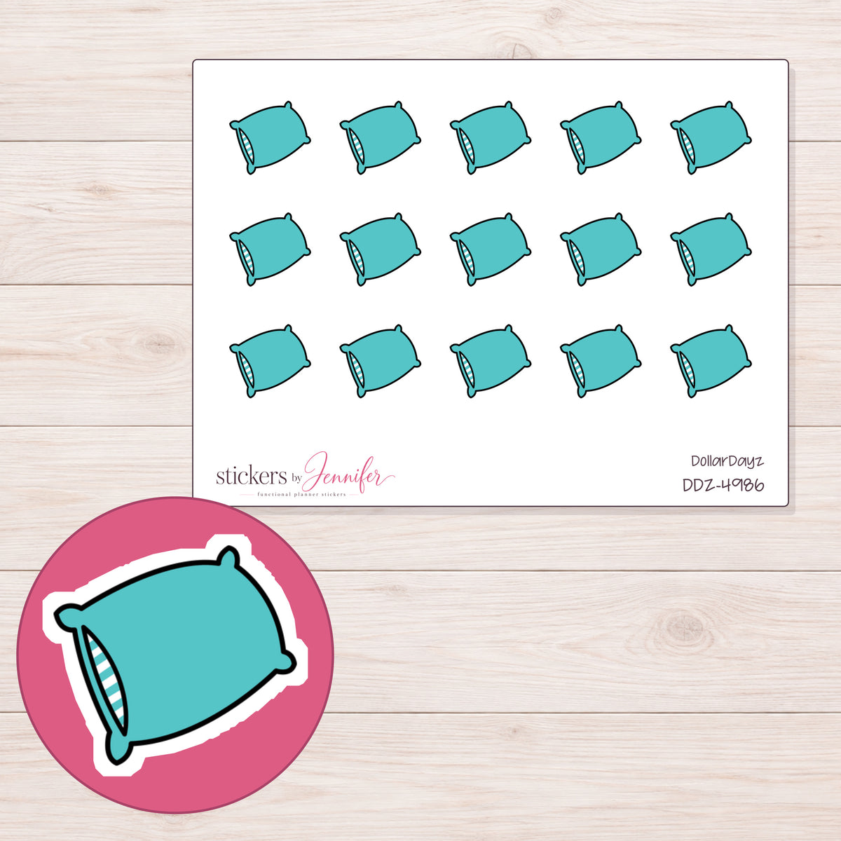 Teal Pillow Planner Stickers | DDZ-4986 — 4 × 3 inch sheet and enlarged sticker detail