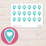 Teal Heart Location Pin Planner Stickers | DDZ-4989 — 4 × 3 inch sheet and enlarged sticker detail