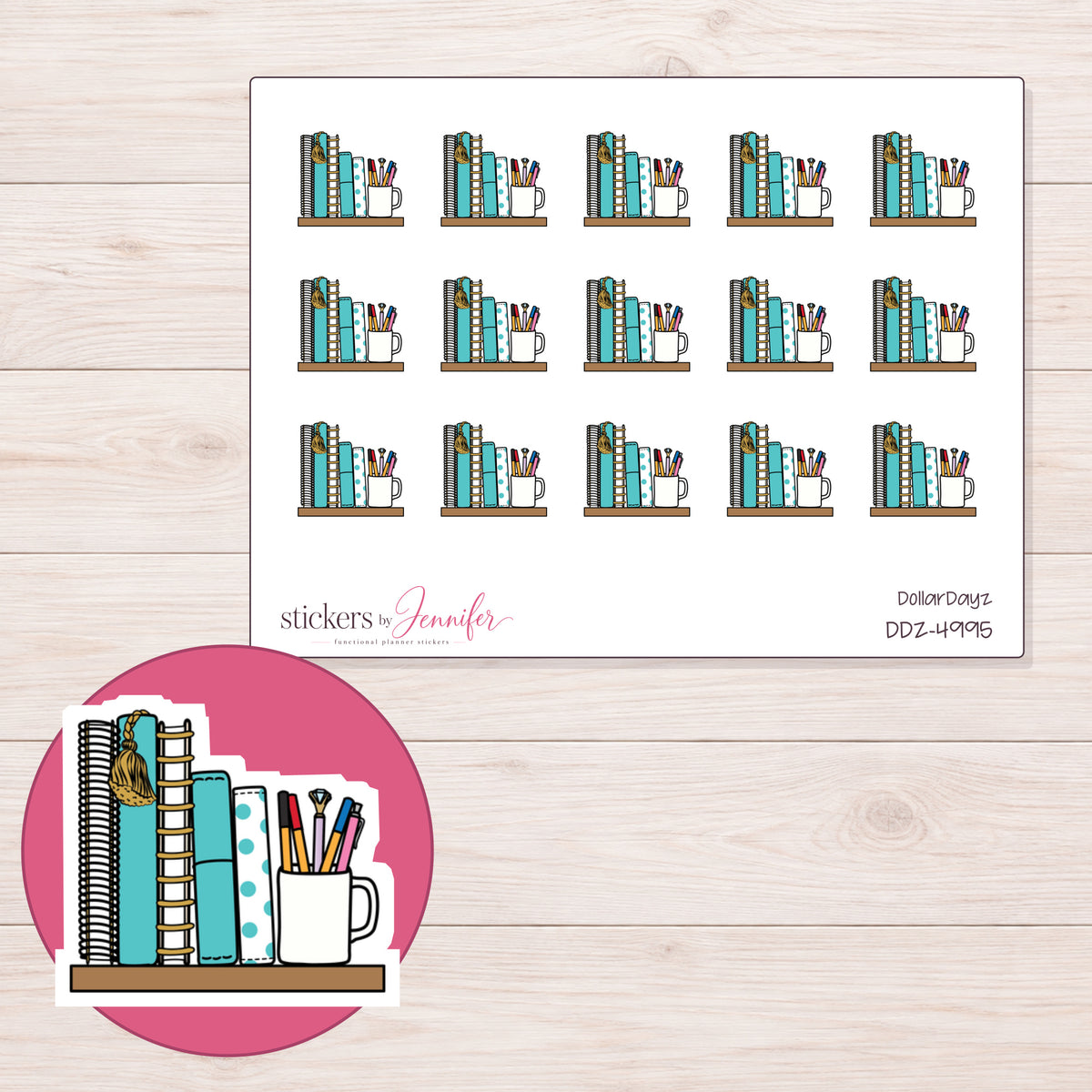 Teal Planner Shelf and Pen Cup Planner Stickers | DDZ-4995 — 4 × 3 inch sheet and enlarged sticker detail
