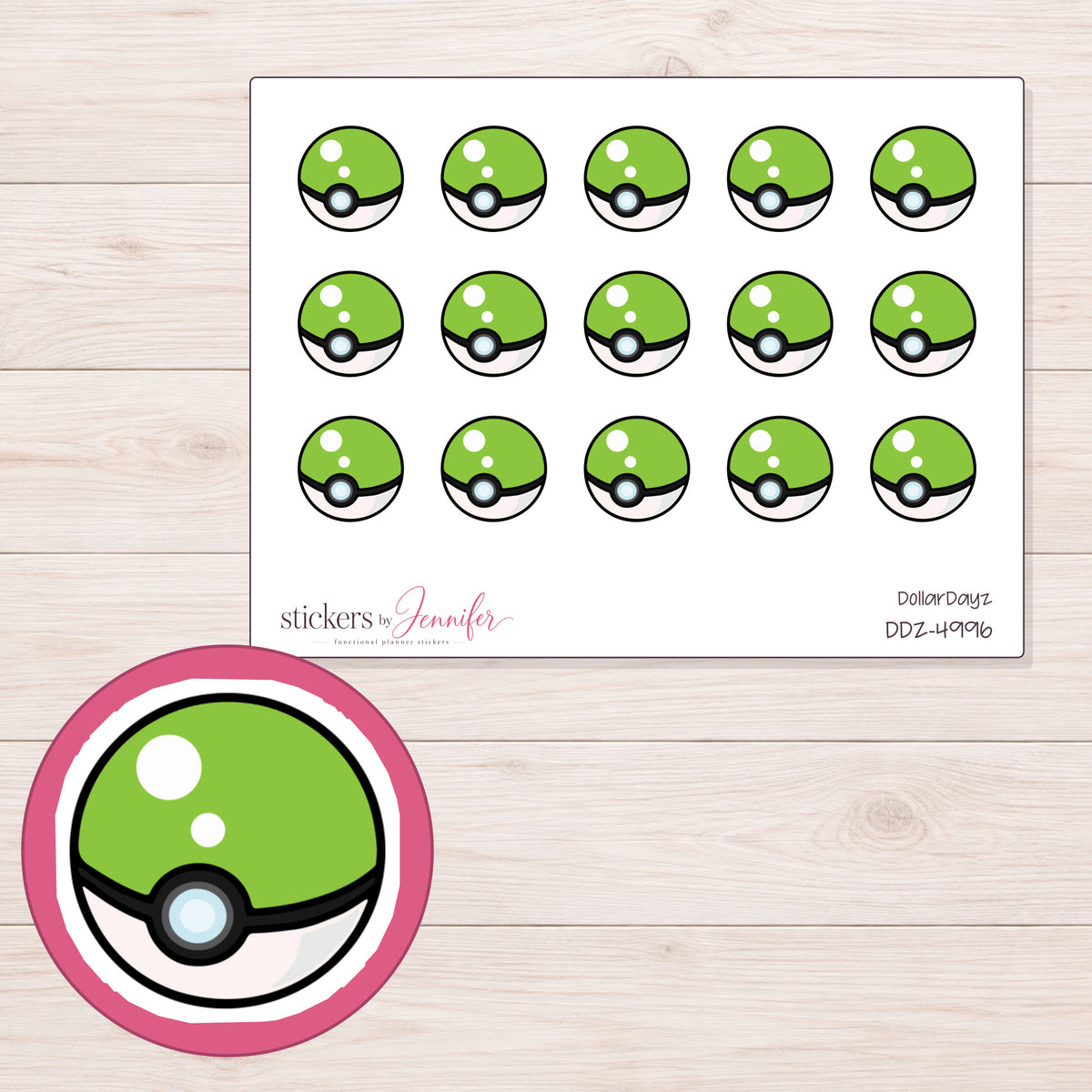 Green Capture Ball Planner Stickers | DDZ-4996 — 4 × 3 inch sheet and enlarged sticker detail