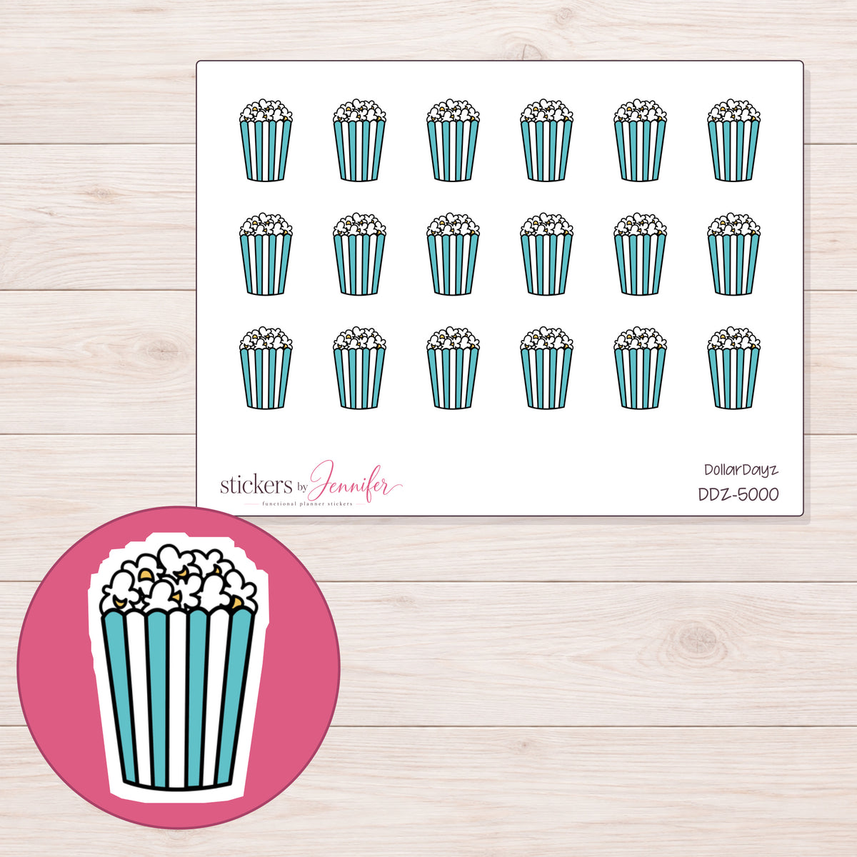 Teal Striped Popcorn Tub Planner Stickers | DDZ-5000 — 4 × 3 inch sheet and enlarged sticker detail