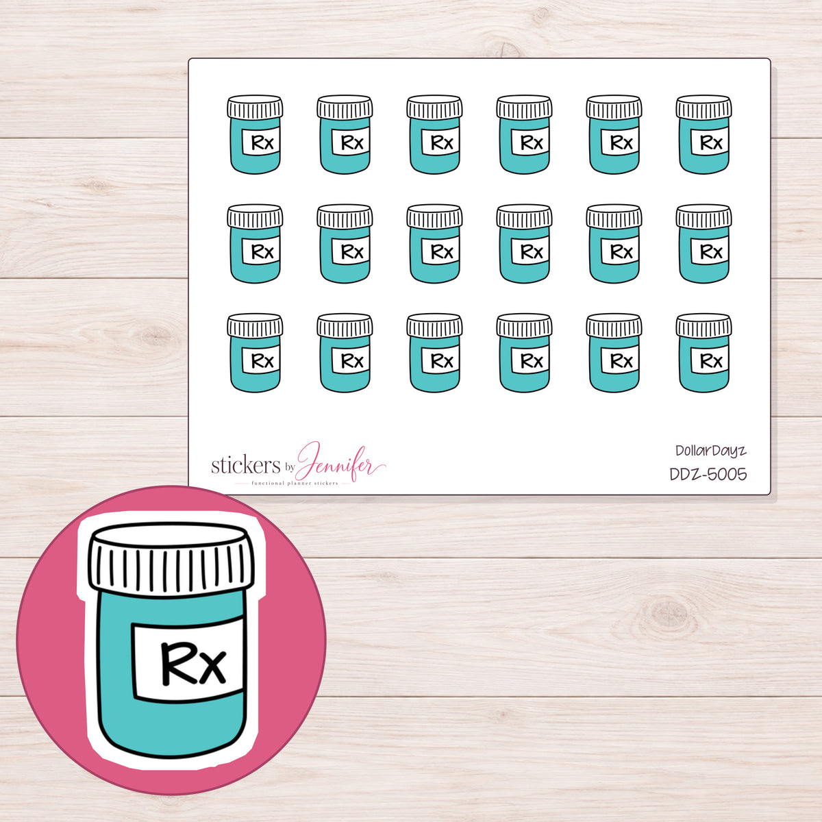Teal Prescription Bottle Planner Stickers | DDZ-5005 — 4 × 3 inch sheet and enlarged sticker detail