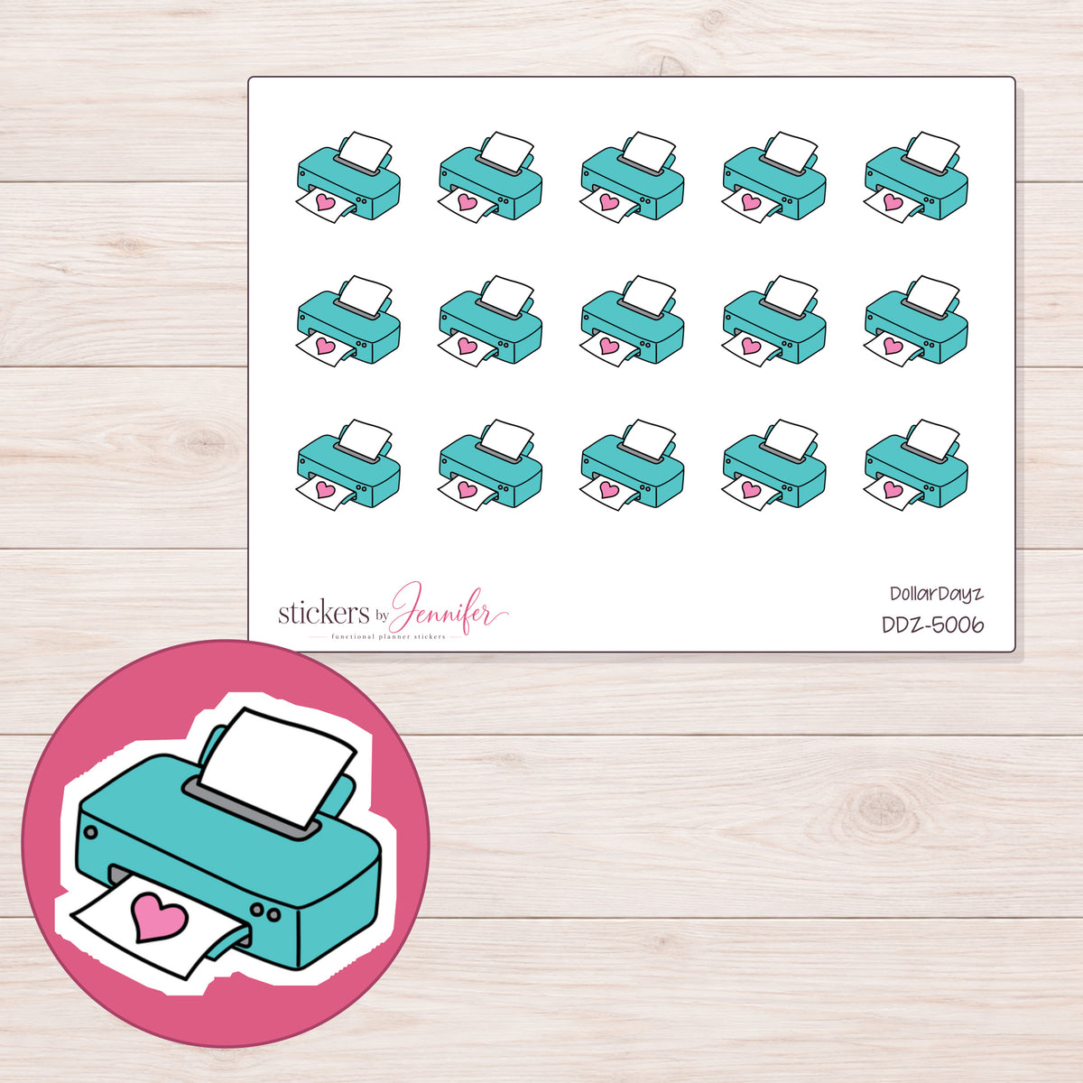 Teal Heart Printer Planner Stickers | DDZ-5006 — 4 × 3 inch sheet and enlarged sticker detail