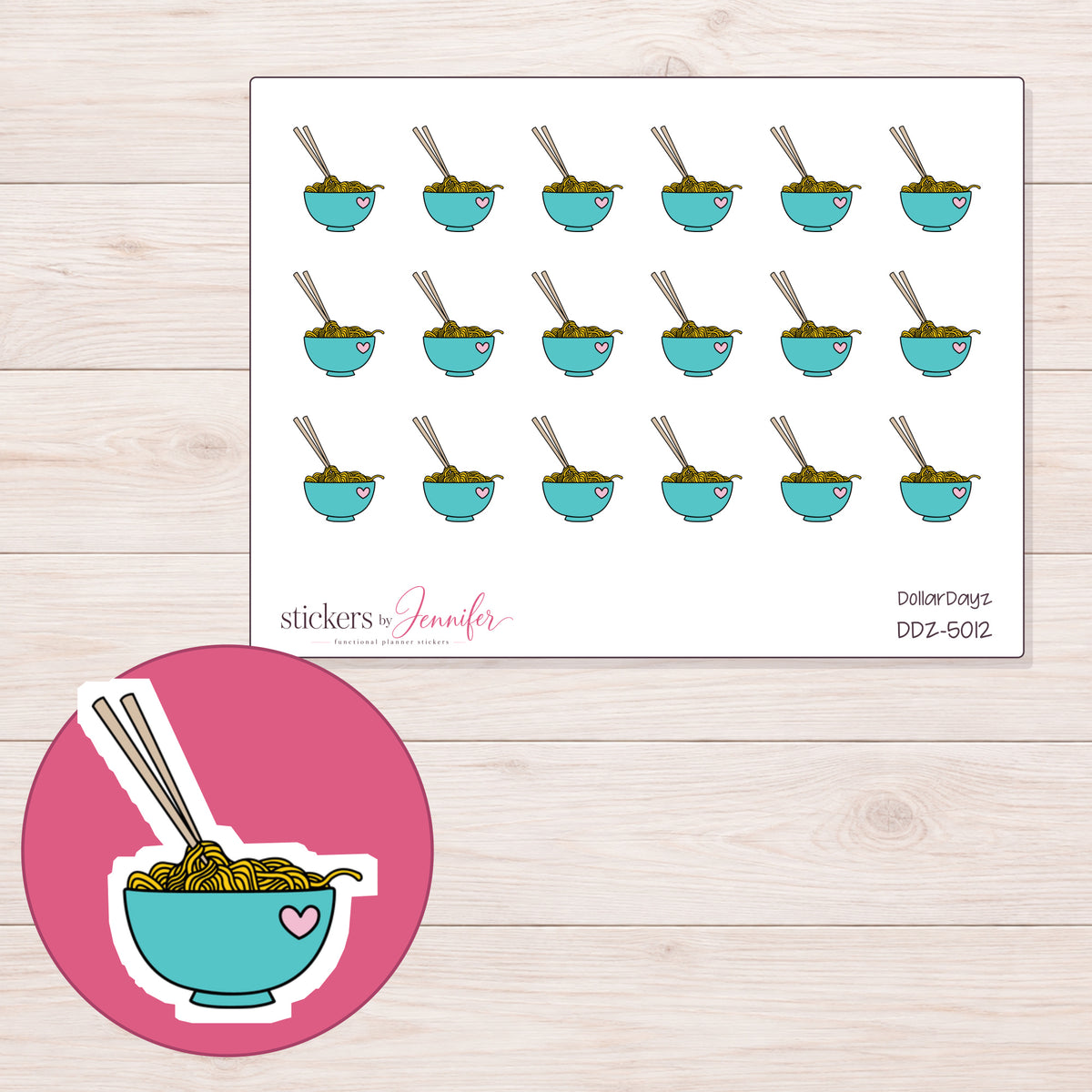 Teal Heart Ramen Bowl Planner Stickers | DDZ-5012 — 4 × 3 inch sheet and enlarged sticker detail