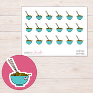 Teal Heart Ramen Bowl Planner Stickers | DDZ-5012 — 4 × 3 inch sheet and enlarged sticker detail