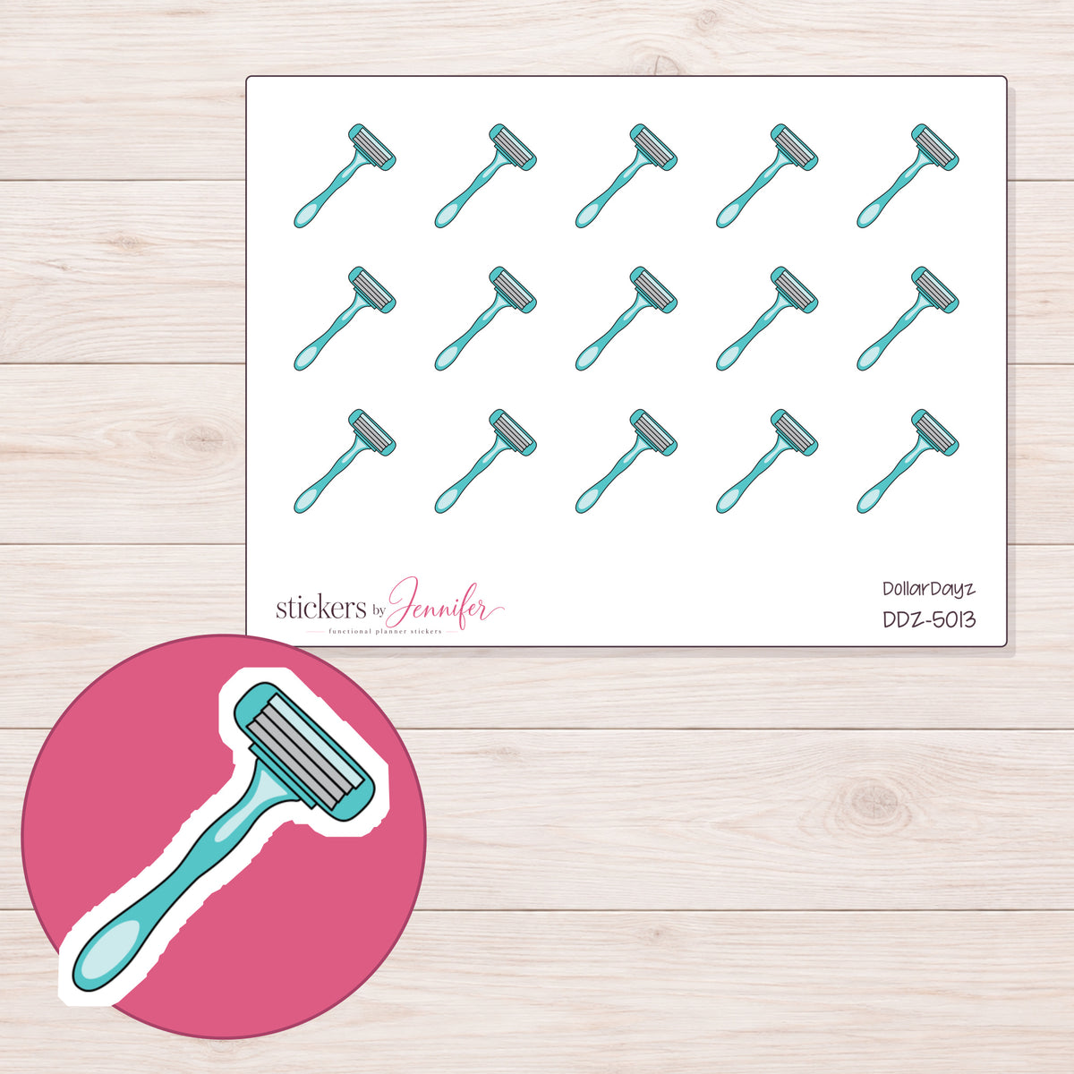 Teal Razor Planner Stickers | DDZ-5013 — 4 × 3 inch sheet and enlarged sticker detail