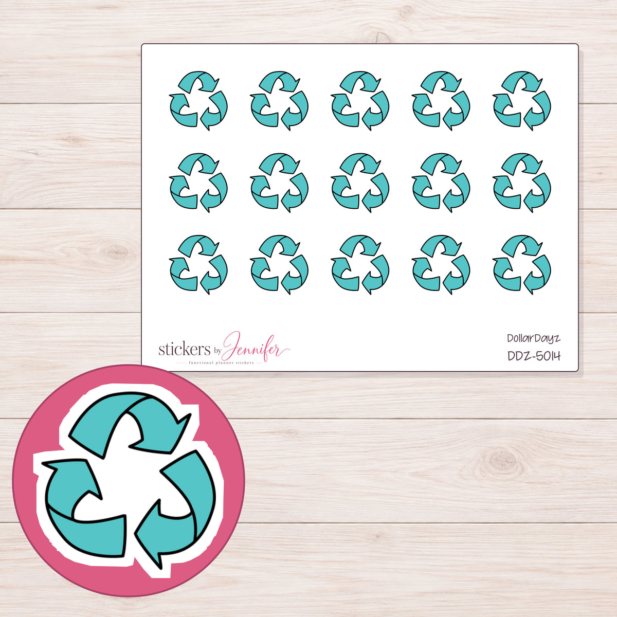 Teal Recycling Symbol Planner Stickers | DDZ-5014 — 4 × 3 inch sheet and enlarged sticker detail