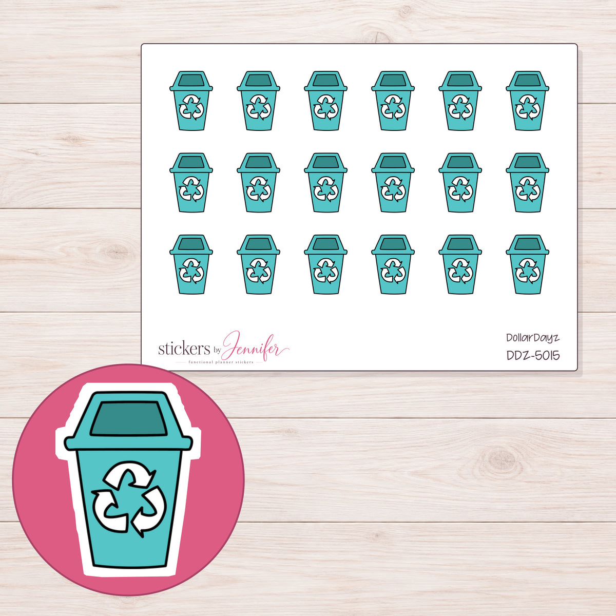 Teal Recycling Bin Planner Stickers | DDZ-5015 — 4 × 3 inch sheet and enlarged sticker detail