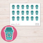Teal Recycling Bin Planner Stickers | DDZ-5015 — 4 × 3 inch sheet and enlarged sticker detail
