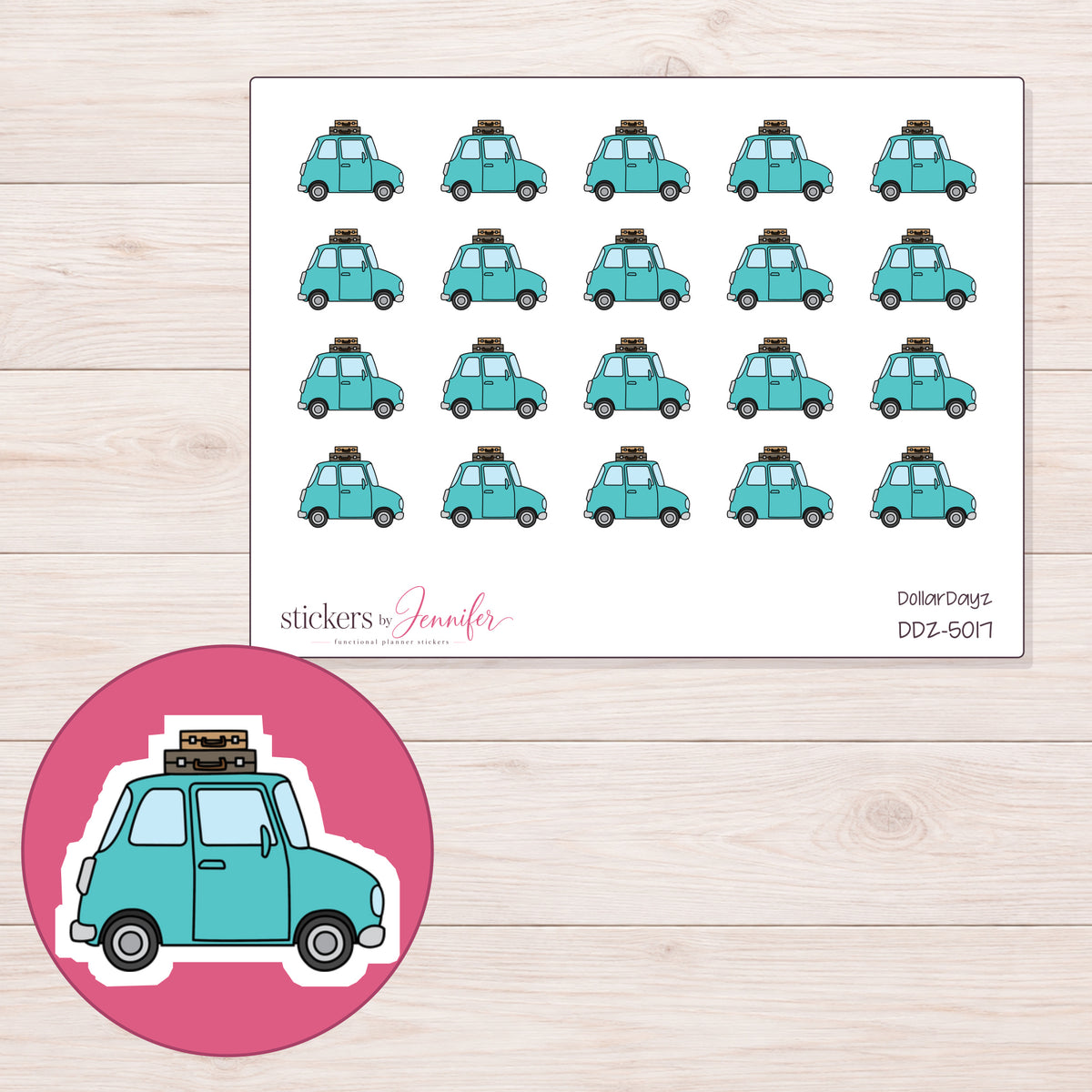 Teal Road Trip Car Planner Stickers | DDZ-5017 — 4 × 3 inch sheet and enlarged sticker detail