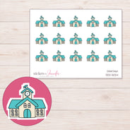 Teal Roof School Planner Stickers | DDZ-5024 — 4 × 3 inch sheet and enlarged sticker detail