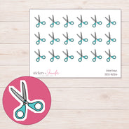 Teal Handle Scissors Planner Stickers | DDZ-5026 — 4 × 3 inch sheet and enlarged sticker detail