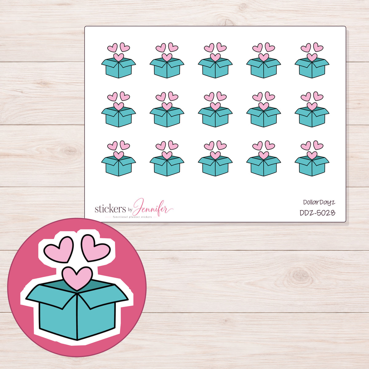 Teal Gift Box with Hearts Planner Stickers | DDZ-5028 — 4 × 3 inch sheet and enlarged sticker detail