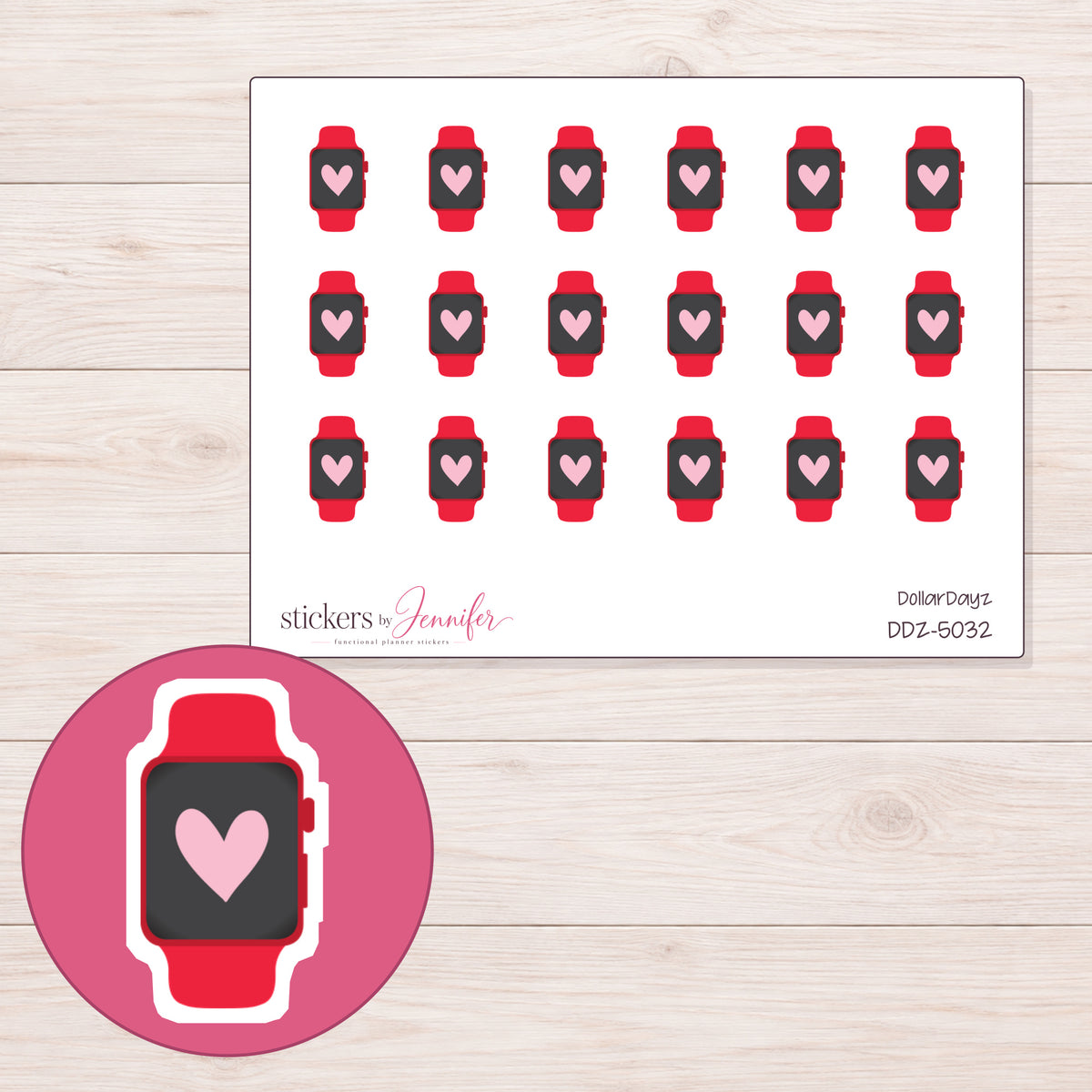 Red Heart Smartwatch Planner Stickers | DDZ-5032 — 4 × 3 inch sheet and enlarged sticker detail