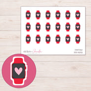 Red Heart Smartwatch Planner Stickers | DDZ-5032 — 4 × 3 inch sheet and enlarged sticker detail