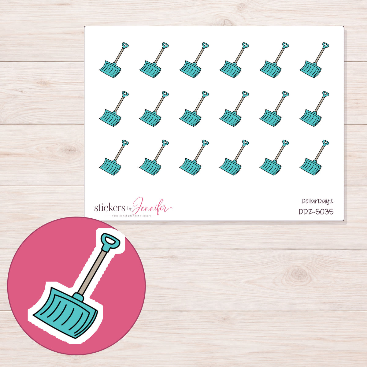 Teal Snow Shovel Planner Stickers | DDZ-5035 — 4 × 3 inch sheet and enlarged sticker detail