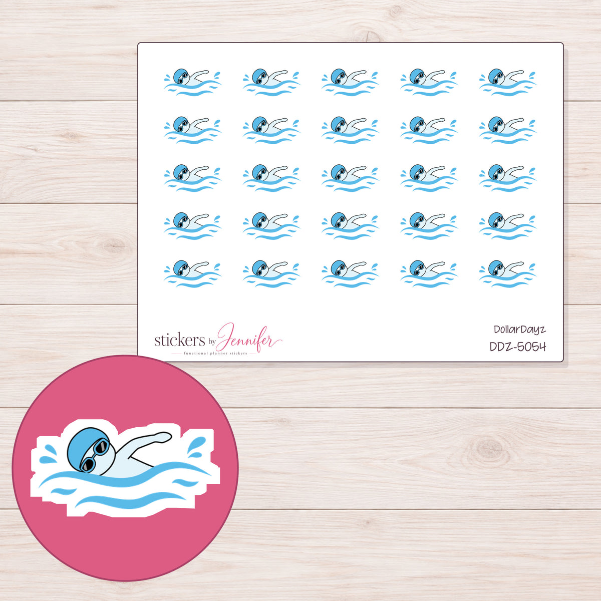 Blue Swimming Icon Planner Stickers | DDZ-5054 — 4 × 3 inch sheet and enlarged sticker detail