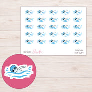 Blue Swimming Icon Planner Stickers | DDZ-5054 — 4 × 3 inch sheet and enlarged sticker detail