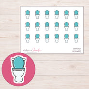 White Toilet with Teal Seat Planner Stickers | DDZ-5057 — 4 × 3 inch sheet and enlarged sticker detail