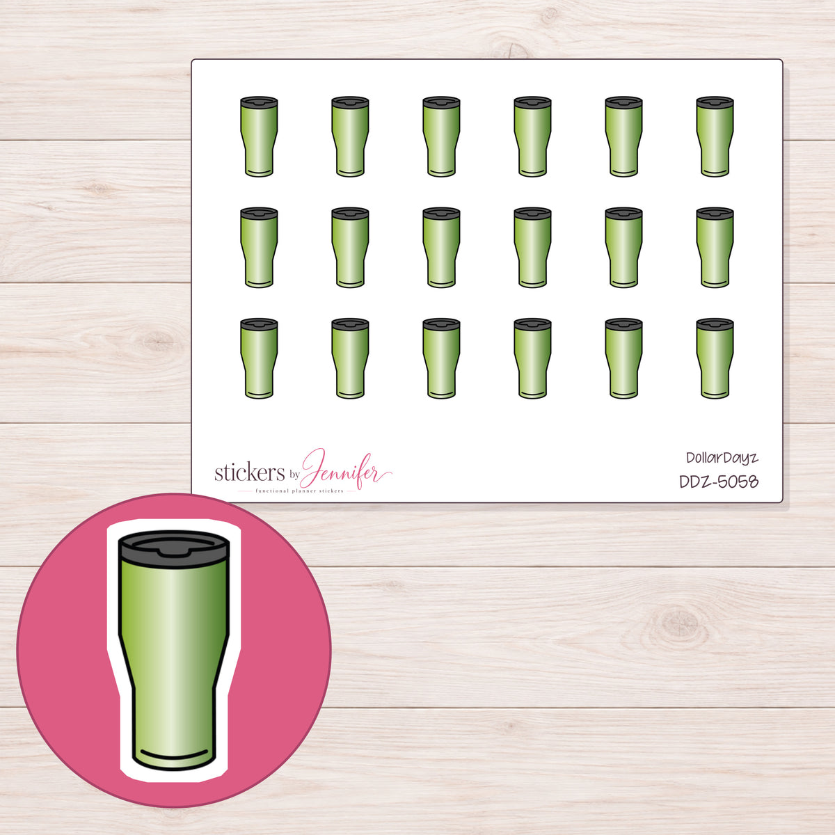 Green Travel Tumbler Planner Stickers | DDZ-5058 — 4 × 3 inch sheet and enlarged sticker detail