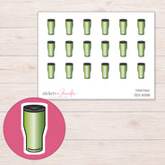 Green Travel Tumbler Planner Stickers | DDZ-5058 — 4 × 3 inch sheet and enlarged sticker detail