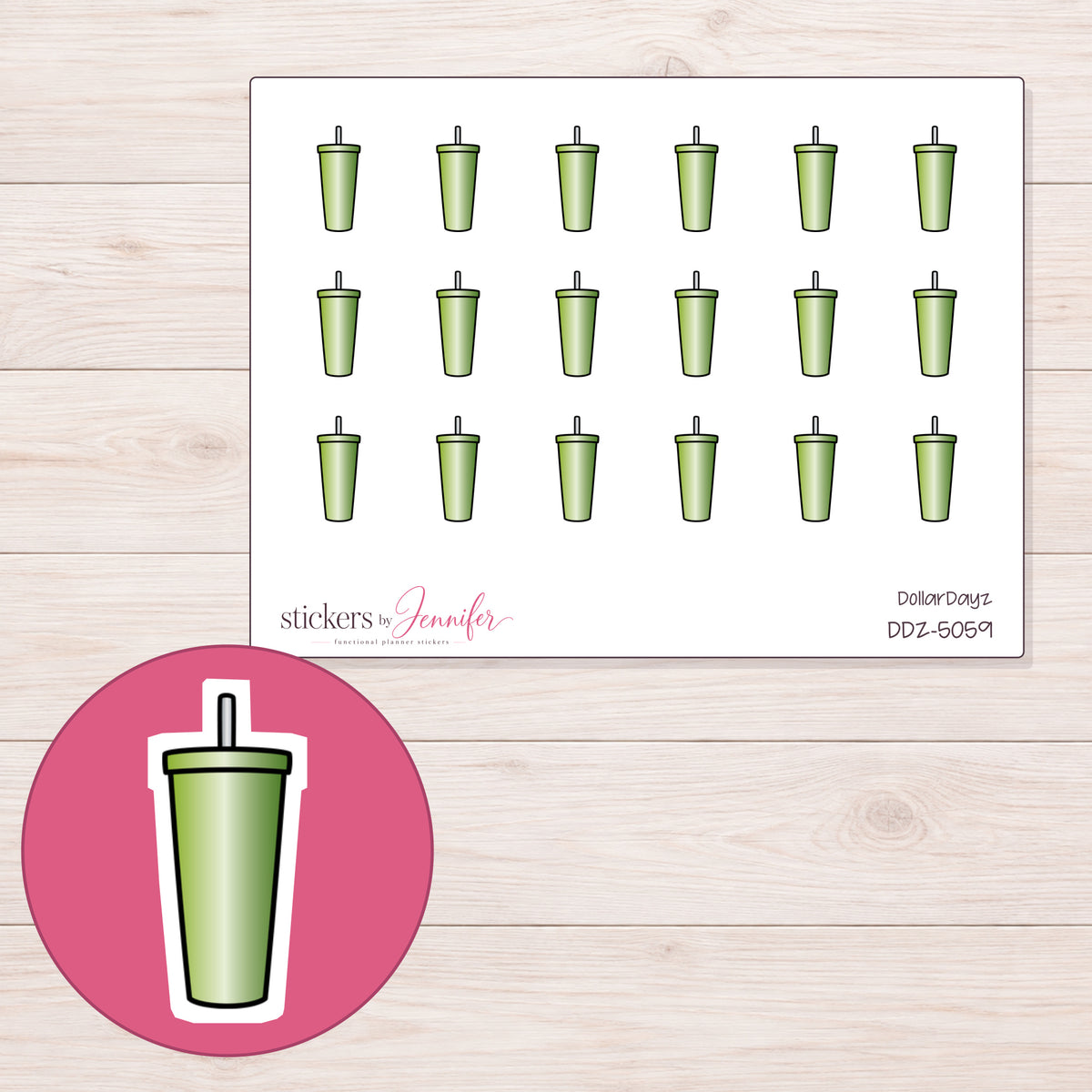 Green Straw Tumbler Planner Stickers | DDZ-5059 — 4 × 3 inch sheet and enlarged sticker detail