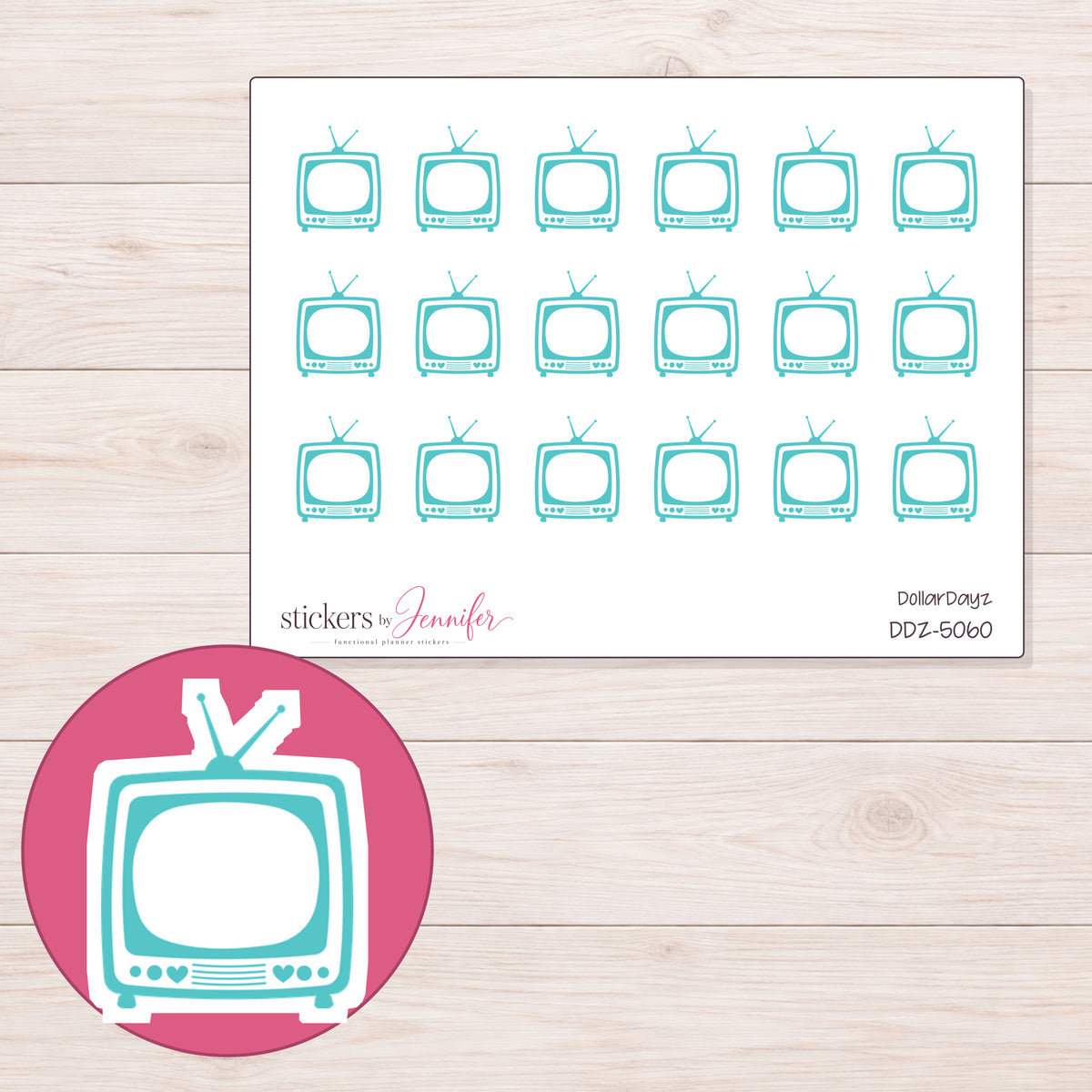 Teal Retro Television Planner Stickers | DDZ-5060 — 4 × 3 inch sheet and enlarged sticker detail