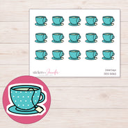 Teal Polka Dot Teacup Planner Stickers | DDZ-5062 — 4 × 3 inch sheet and enlarged sticker detail