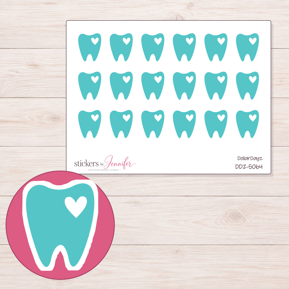 Teal Tooth with Heart Planner Stickers | DDZ-5064 — 4 × 3 inch sheet and enlarged sticker detail