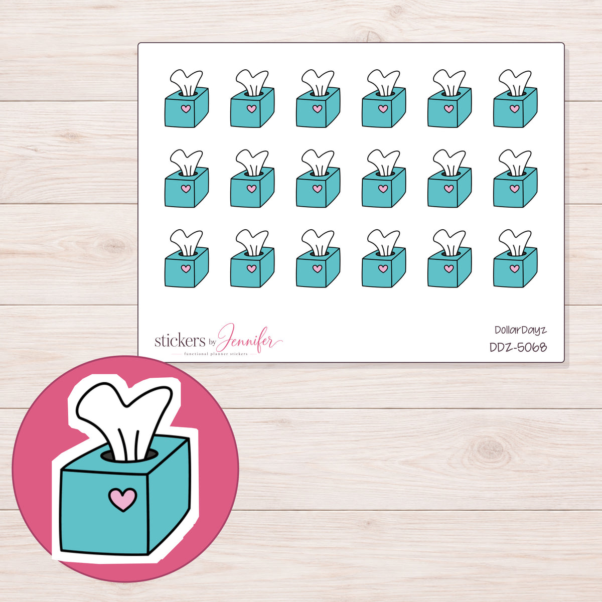Teal Heart Tissue Box Planner Stickers | DDZ-5068 — 4 × 3 inch sheet and enlarged sticker detail