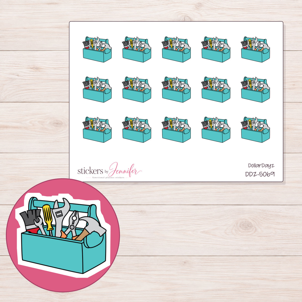 Teal Toolbox Planner Stickers | DDZ-5069 — 4 × 3 inch sheet and enlarged sticker detail
