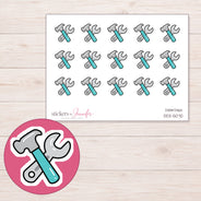 Hammer and Wrench Planner Stickers | DDZ-5070 — 4 × 3 inch sheet and enlarged sticker detail
